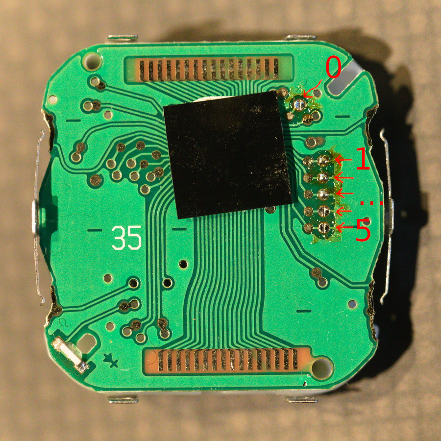 Watch PCB with solder jumpers numbered 0 through 5