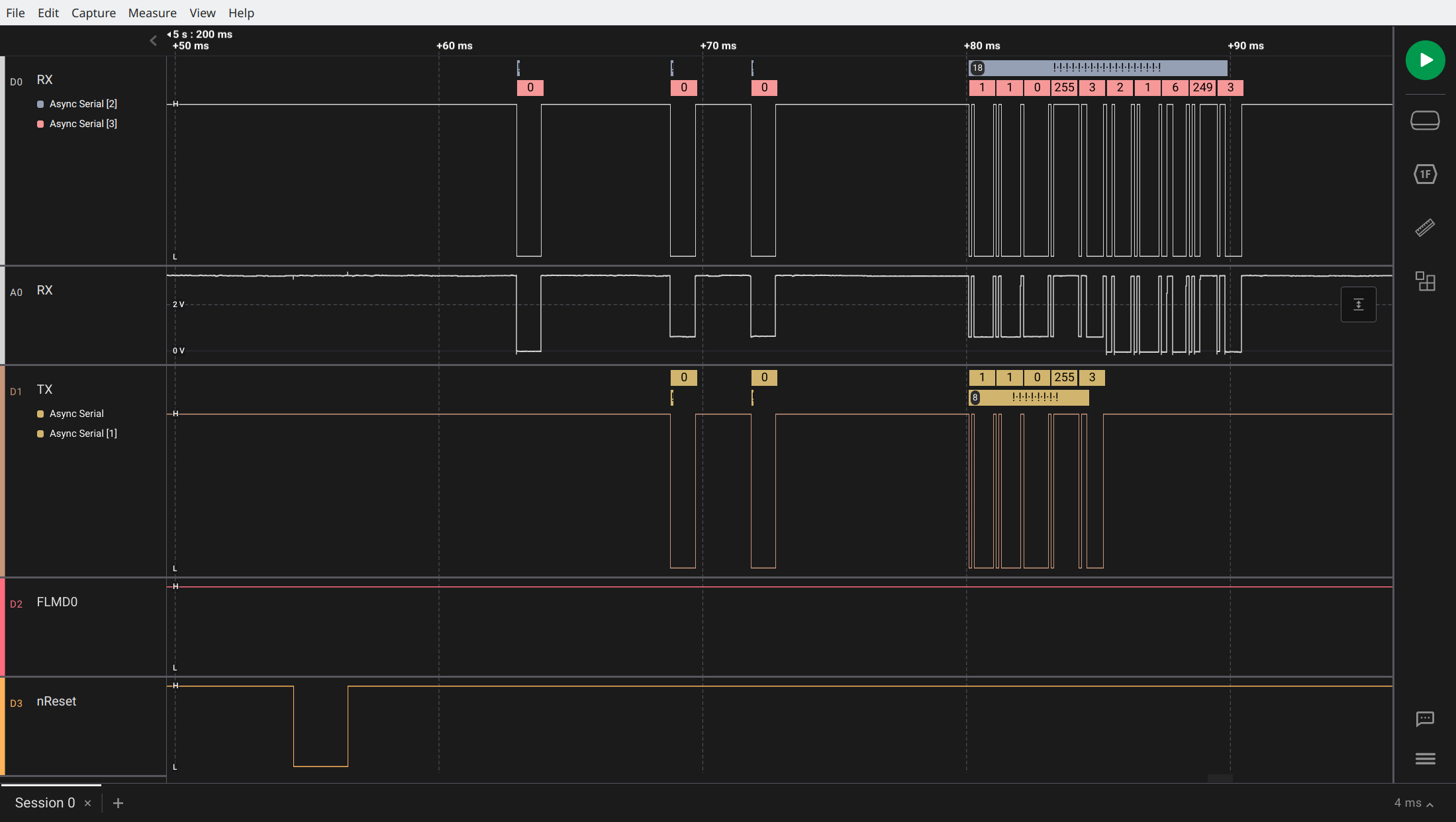 Logic analyzer readout showing received data from 78K0R
