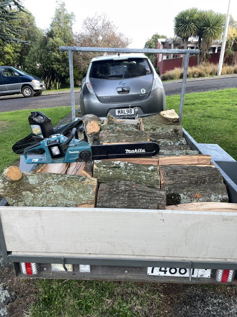 A trailer
load of firewood with electric car and chainsaw