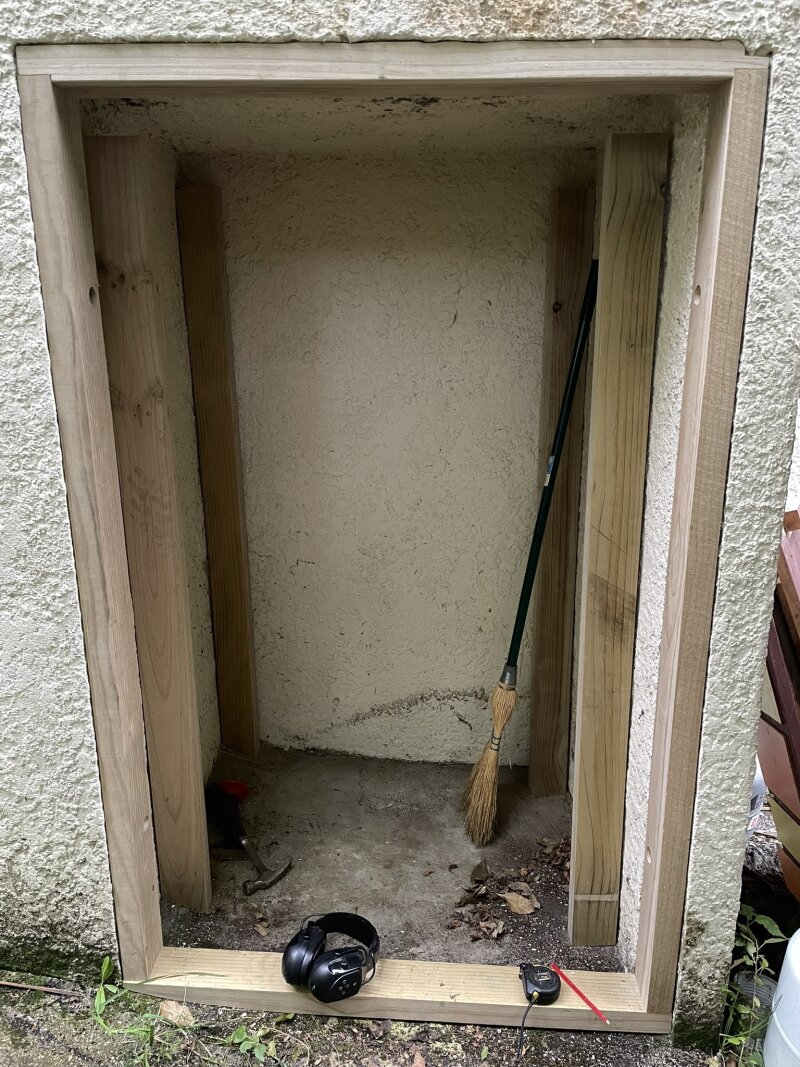 Early
progress on a door frame for the battery closet