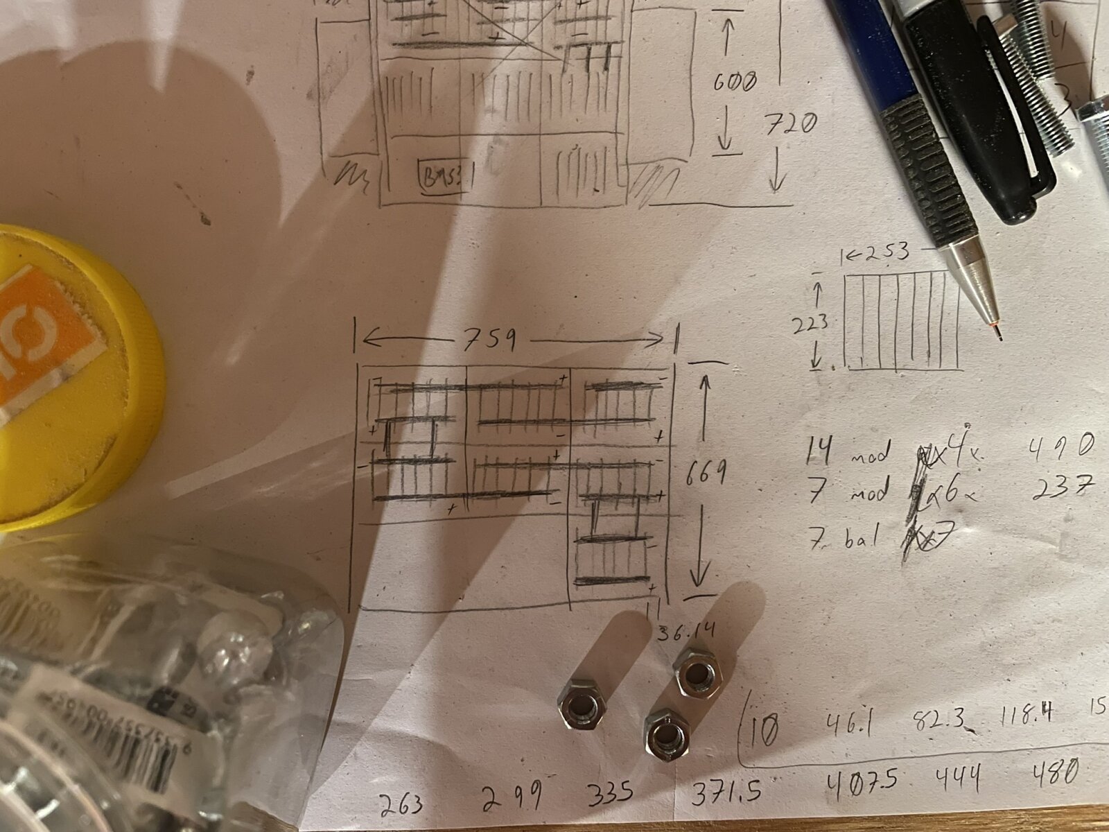 Scrawled
notes and diagrams of battery pack layout
