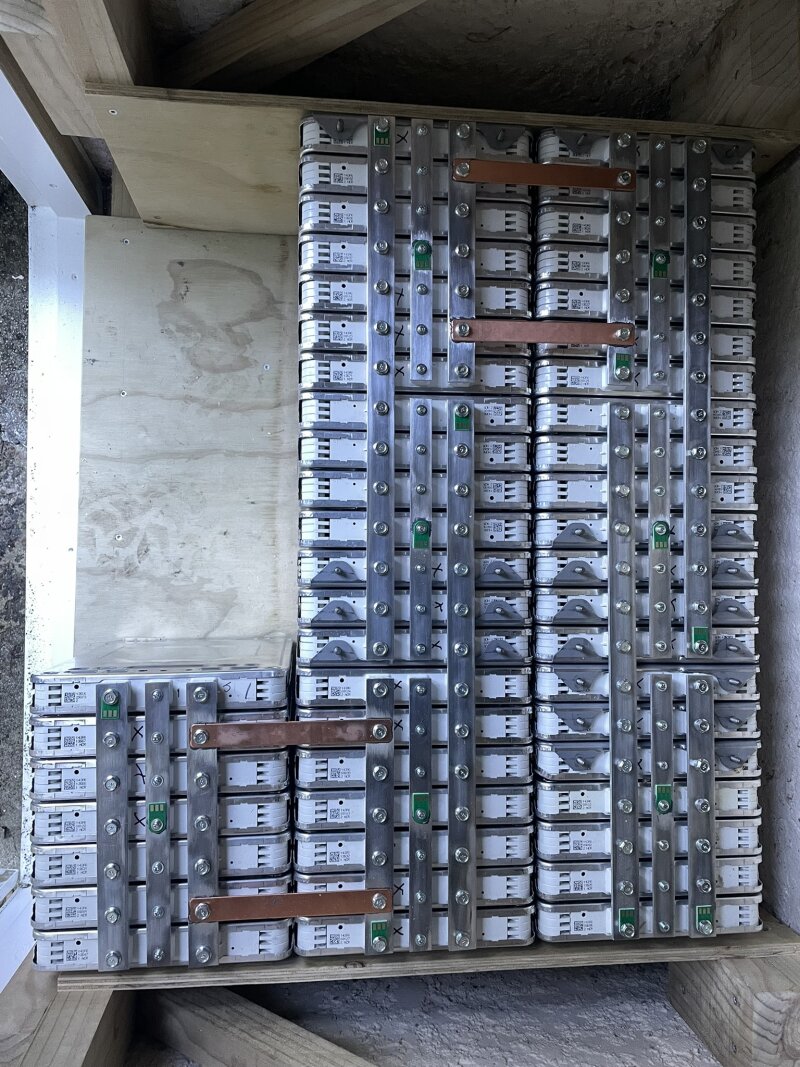Top view of
the 48V battery pack, with bus bars and BMS tabs installed