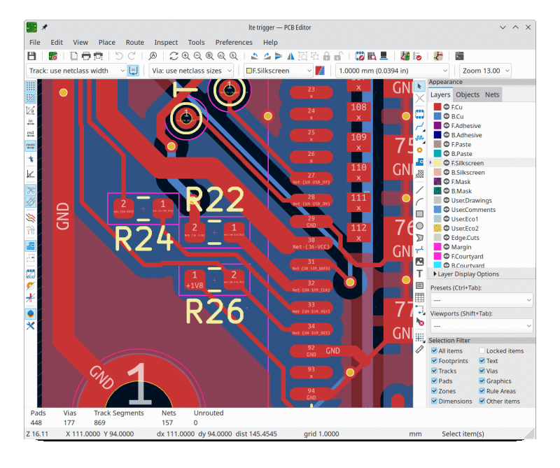Animated GIF alternating
between a screenshot of the PCB layout with the problematic resistor footprints
highlighted, revealing the swapped reference designators
